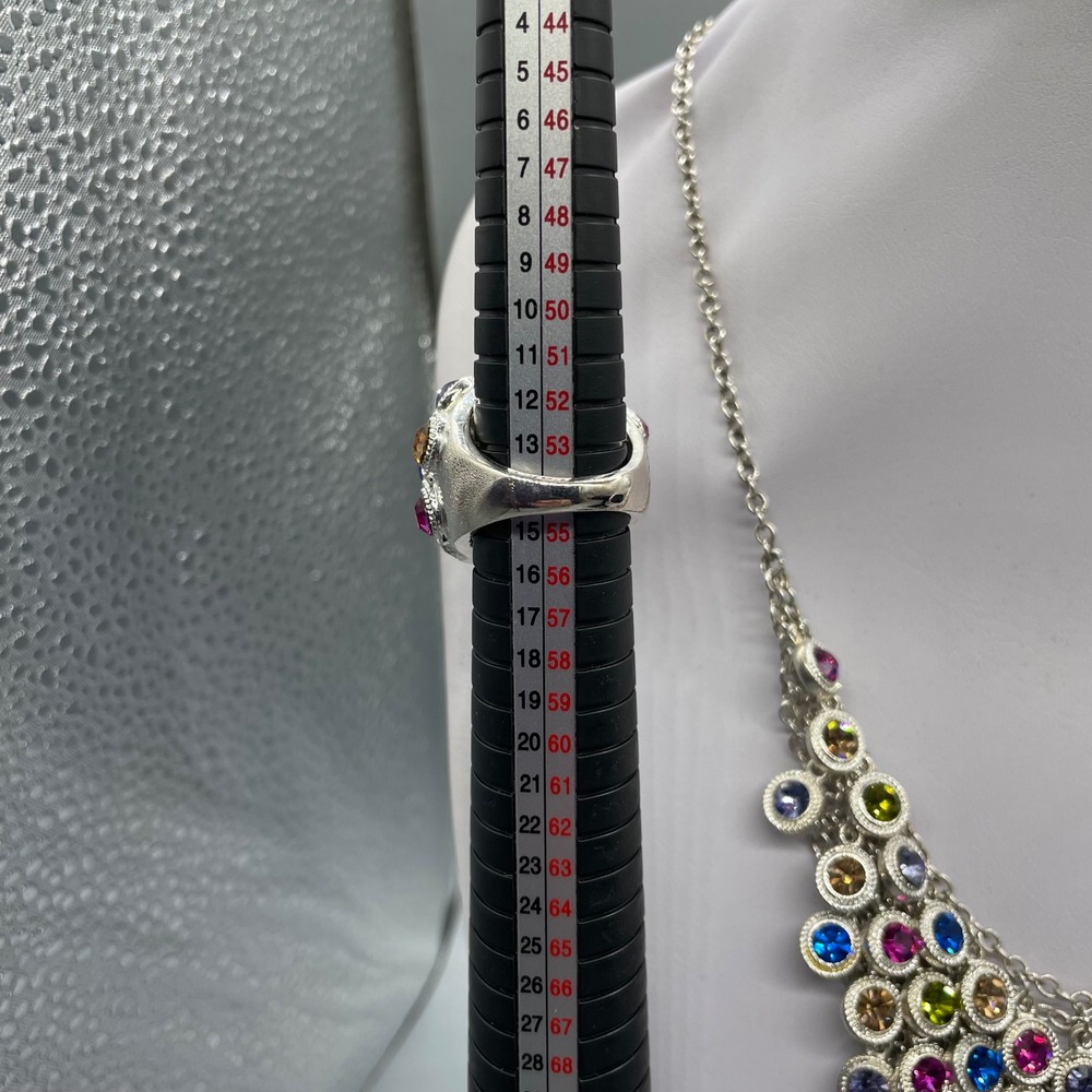 Multi Color Rhinestone Silver Tone Statement Jewelry Set Necklace Bracelet Ring - Picture 11 of 14